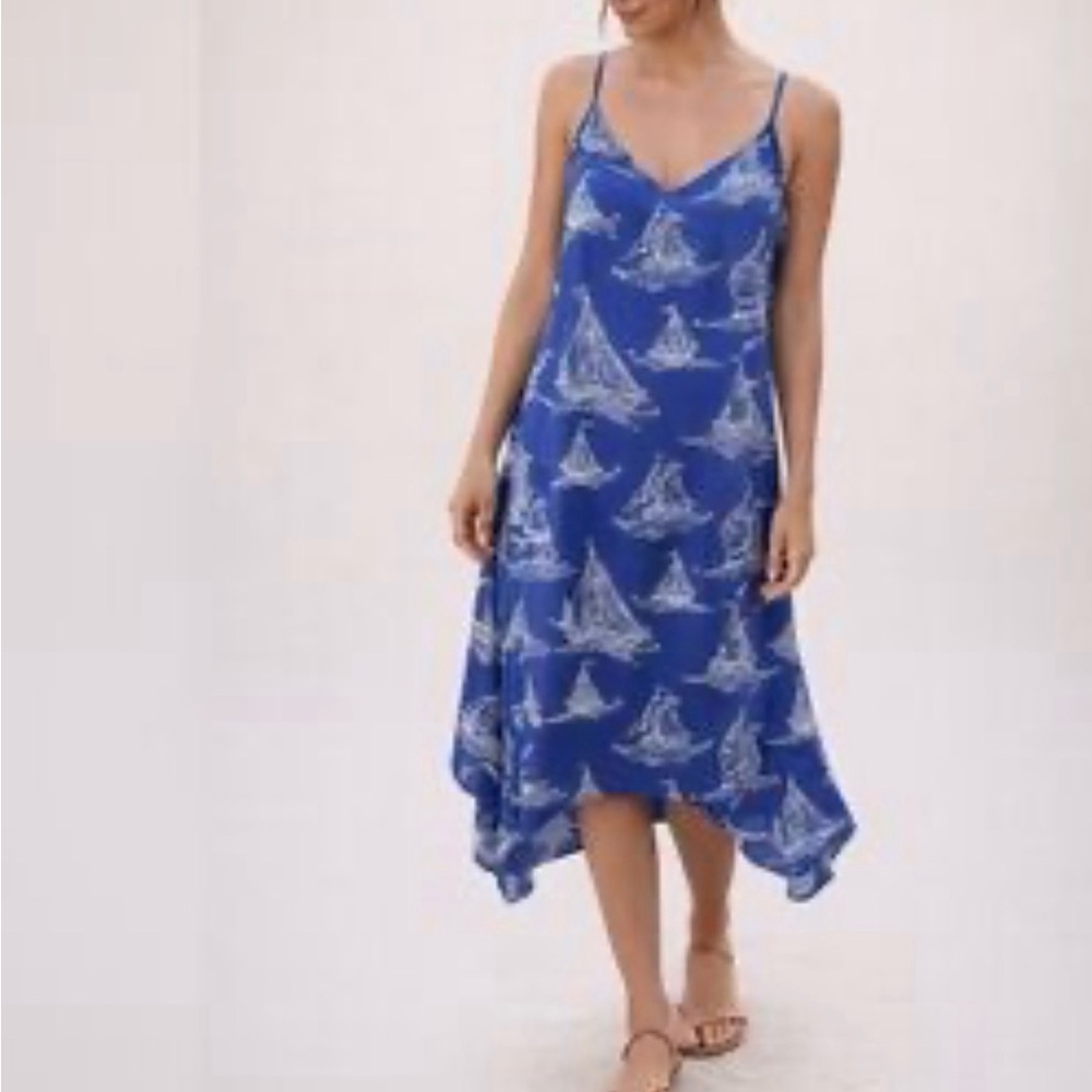 Anthropologie Antibes Blanc nautical, whimsy beach flowing Blue  maxi dress
